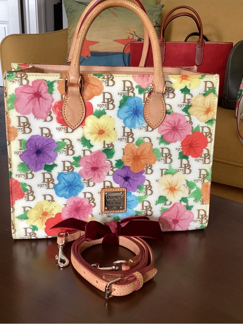 Dooney & Bourke Multicolor Floral Tote with Tan Leather Trim - Picture 3 of 16